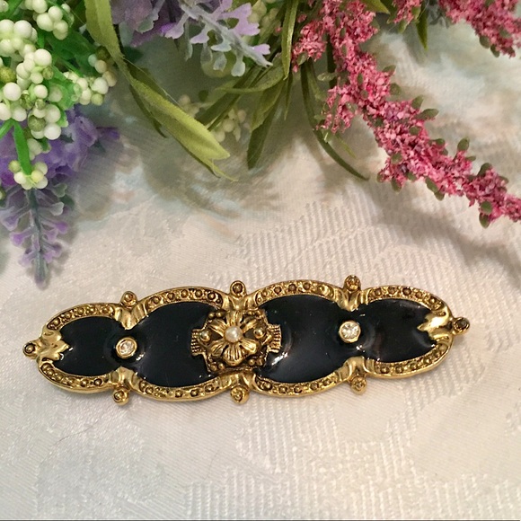 Vintage Gold Black Enamel Rhinestone Pearl Brooch - Picture 2 of 5